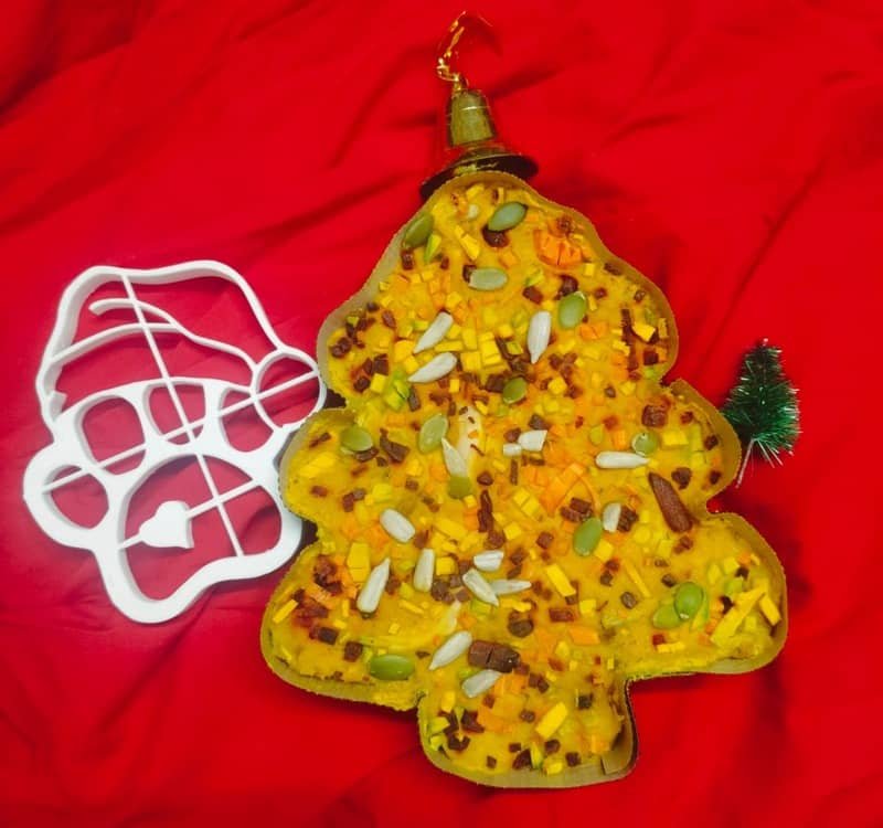 Pet-friendly Christmas tree cake decorated with nuts and festive toppings