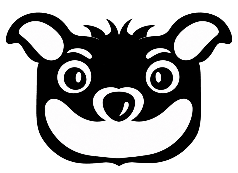 Cute black-and-white cartoon dog face with floppy ears, expressive eyes, a round nose, and a big cheerful smile.