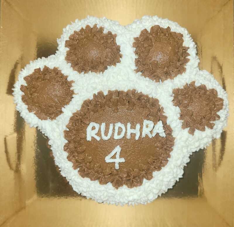 Paw-shaped chicken and carrot pet cake with white and brown frosting, personalised with “Rudhra” and the number 4.
