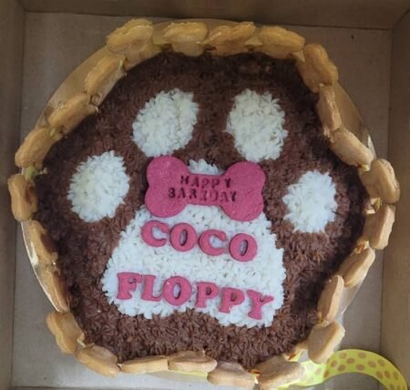Classic chicken pet cake with chocolate-brown and white frosting, paw-shaped design, bone-shaped birthday topper and biscuit border, personalised with “Coco Floppy”.