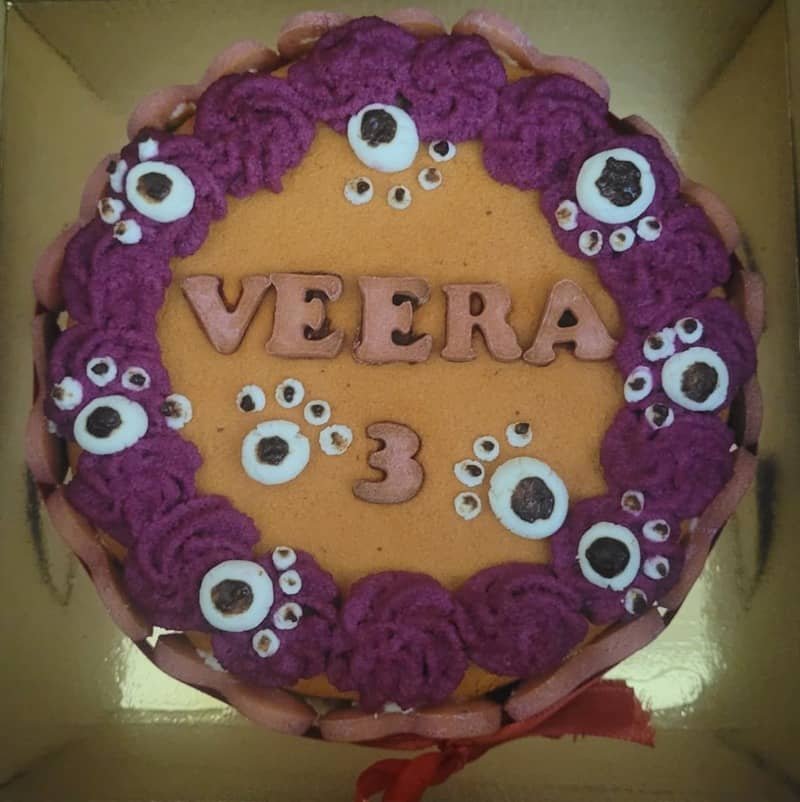 Carrot pet cake with purple frosting, paw-print decorations, cookie border and “Veera 3” lettering.