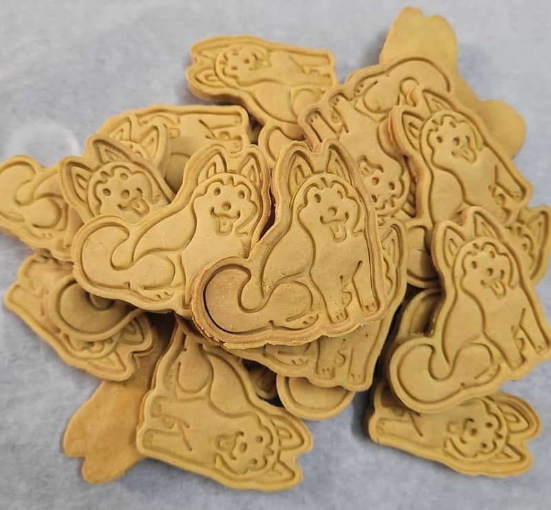 Pumpkin pet biscuits shaped like huskies, with detailed embossed designs and a golden-brown baked finish.
