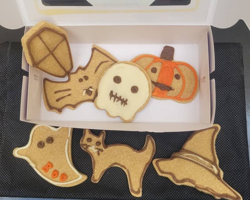 Handcrafted Halloween biscuits for pets featuring pumpkin, ghost, cat, bat and other spooky designs, decorated with colourful icing.