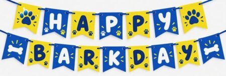 Blue and yellow Happy Barkday pet birthday banner with paw prints and bone motifs.
