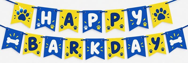 Blue and yellow Happy Barkday pet birthday banner with paw prints and bone motifs.
