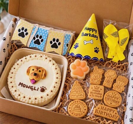 Pawradise Pet Bakery birthday hamper featuring a personalised dog-face cake, paw-print celebration banner, yellow Happy Barkday party hat, yellow bow, paw-shaped candle and assorted birthday cookies.