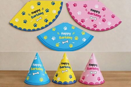 Happy Barkday pet birthday caps in blue, yellow and pink with paw prints and bone motifs.