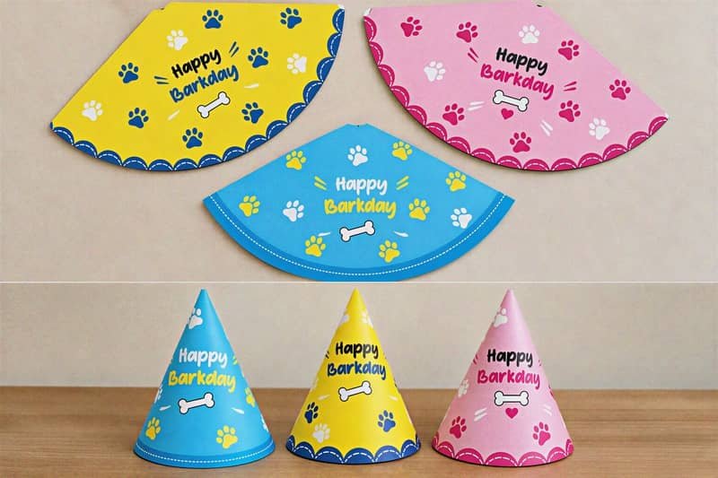 Happy Barkday pet birthday caps in blue, yellow and pink with paw prints and bone motifs.
